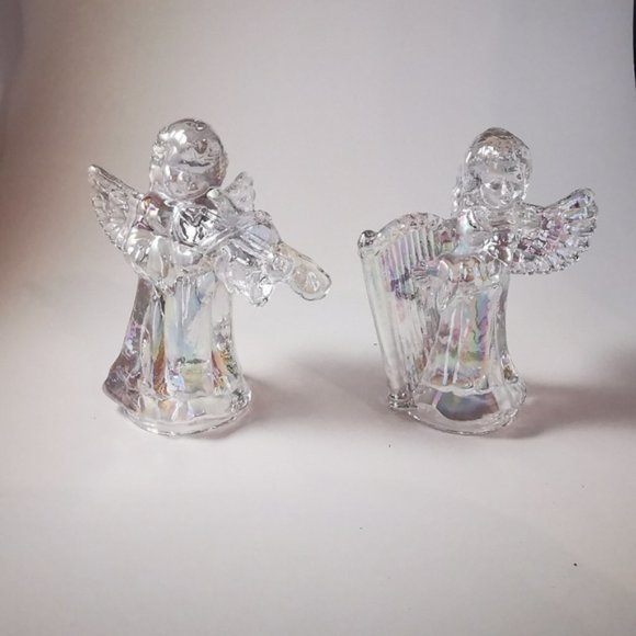 Pair of Iridescent Glass Angels Cherubs Playing Instruments Candle Holders - Picture 12 of 16